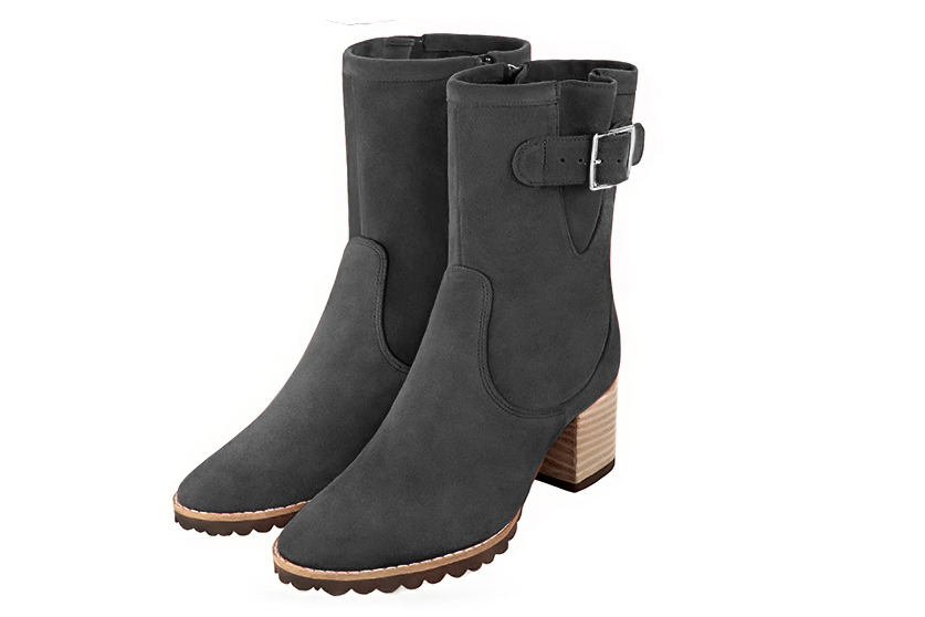 Dark grey women's ankle boots with buckles on the sides. Round toe. Medium block heels. Front view - Florence KOOIJMAN